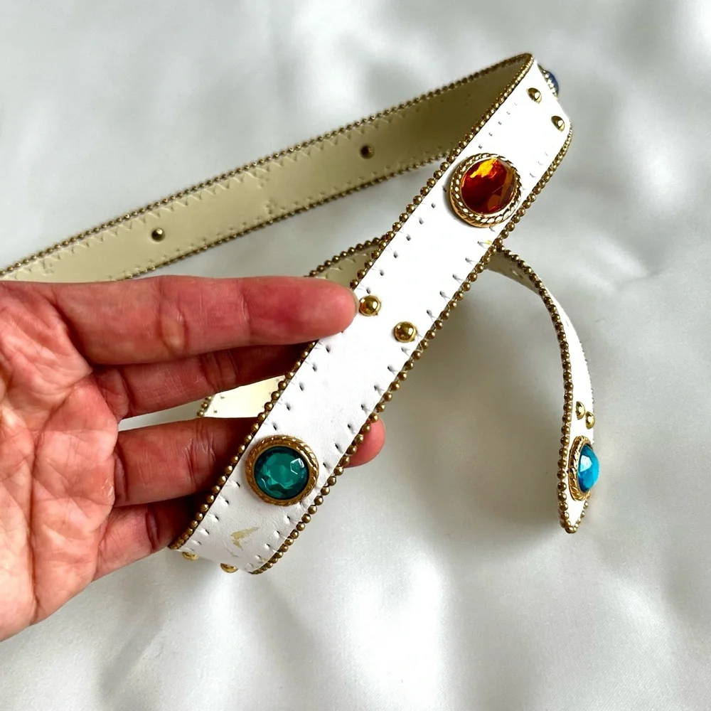 Vintage early 1990s Synthetic Jewel Embellished White Leather Waist Belt -Large